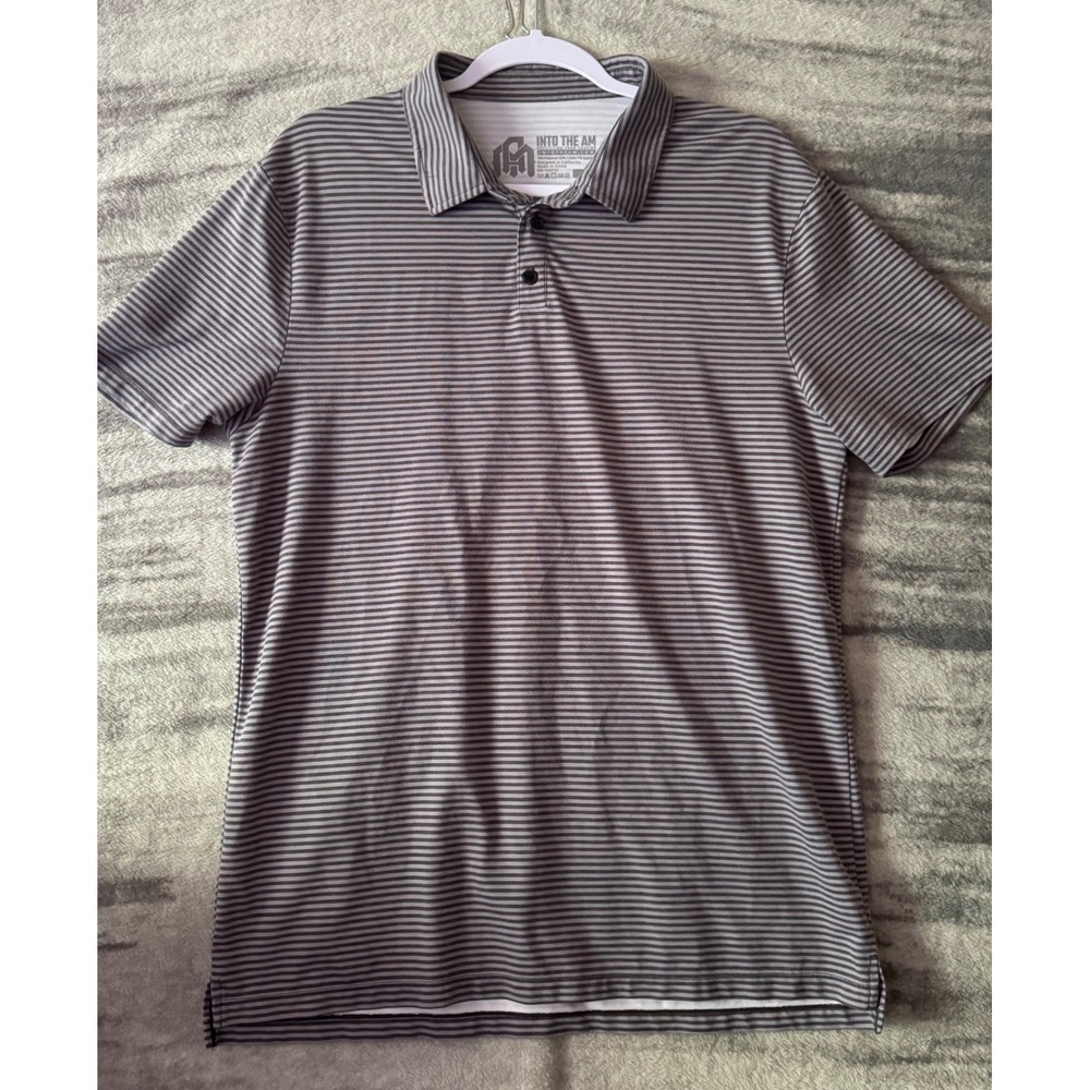 Into The AM Mens Striped Polo Shirt Grey Black Short Sleeve Stretch Size Large